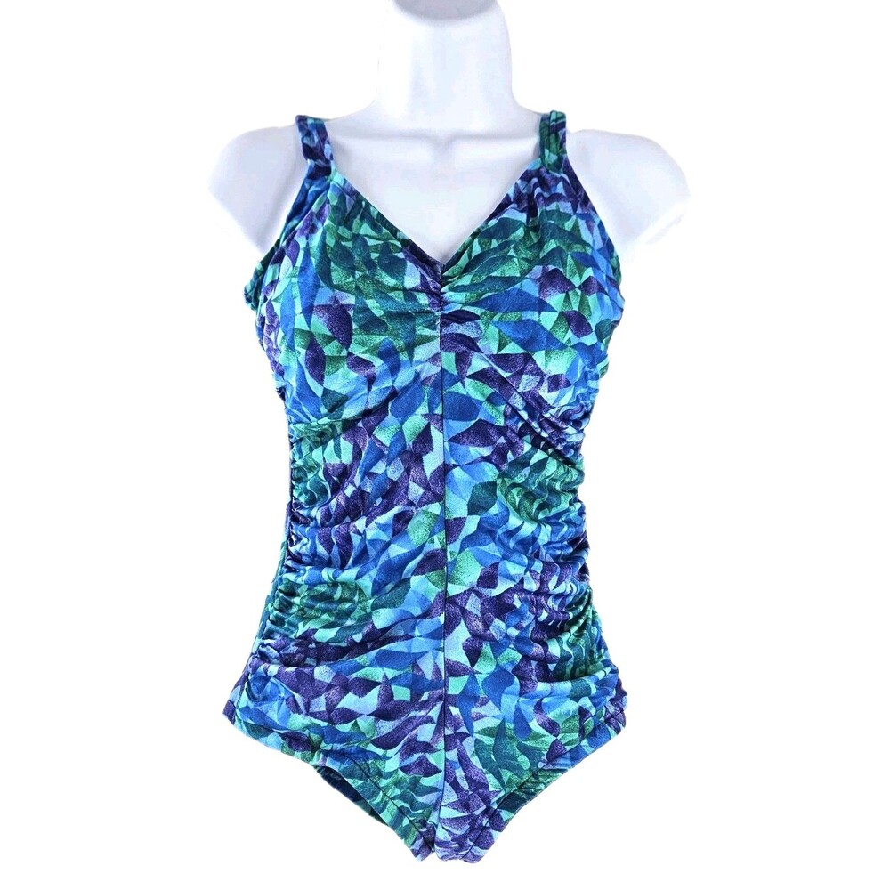 Vtg 90s/ Y2K Gabar Womens One Piece Swimsuit Ruched V‎ Neck Abstract Unsized S/M